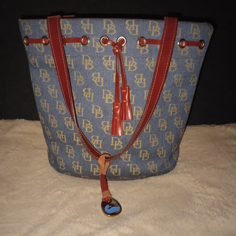 Dooney & Bourke Denim Logo Tote with Brown Leather Trim